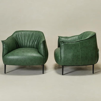KINWELL 33" W Faux Leather Barrel Chairs Set of 2 with Hand-Tufted Pleated Back Flared Arms, Modern PU Upholstered Accent Chairs with Metal Legs, Large Armchairs Lounge Chairs for Living Room, Green