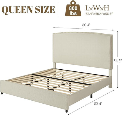 Queen Size Bed Frame with Headboard, 56" Upholstered Platform Bed with Nailhead Trim, Soft Boucle Fabric, No Box Spring Needed, Easy Assembly, Cream