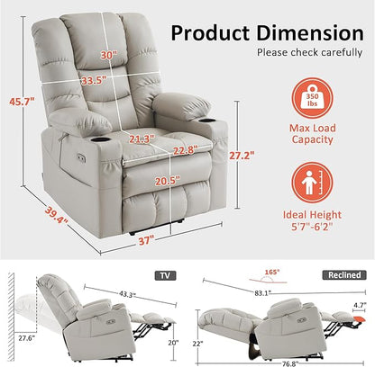 MCombo Large Triple Motor Power Lift Recliner Chair with Massage and Dual Heating, Adjustable Headrest for Tall Elderly People, Faux Leather 7634 (Light Grey, Large)