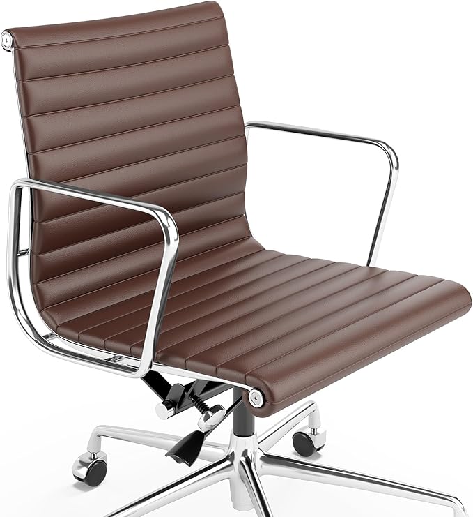 Ribbed Office Chair Top Grain Leather Desk Chair Mid Back Genuine Leather Swivel Chairs with Aluminum Alloy Arms & Base, with Silent Wheels, High Adjustable and Tilting Function,Brown