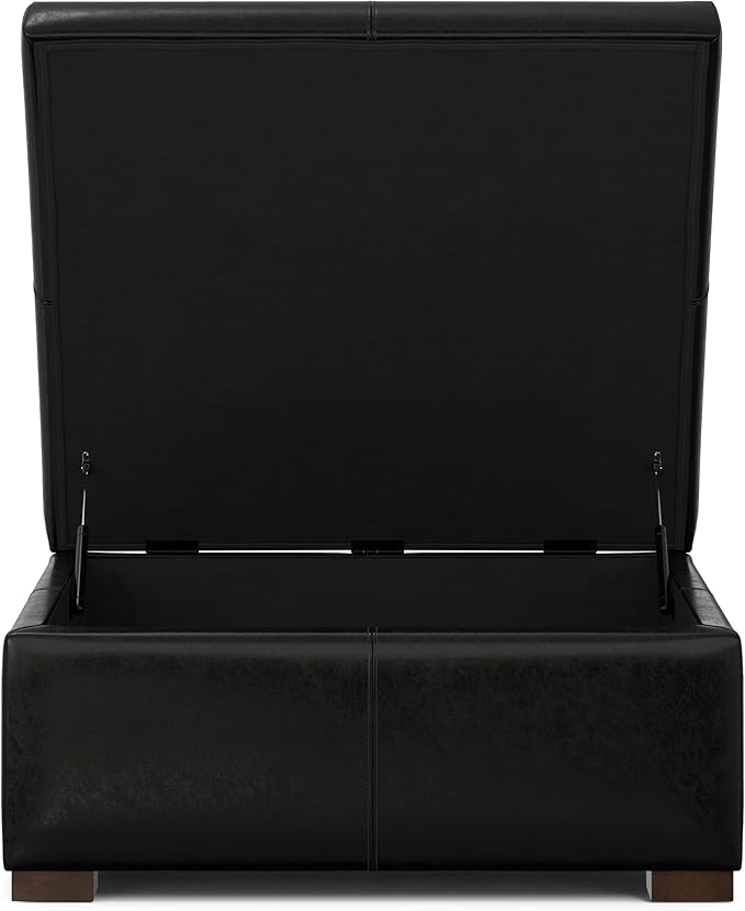 SIMPLIHOME Gabbie 36 inch Wide Contemporary Square Square Coffee Table Storage Ottoman in Midnight Black PU Black Faux Leather, Assembled, for The Living Room, Entryway and Family Room