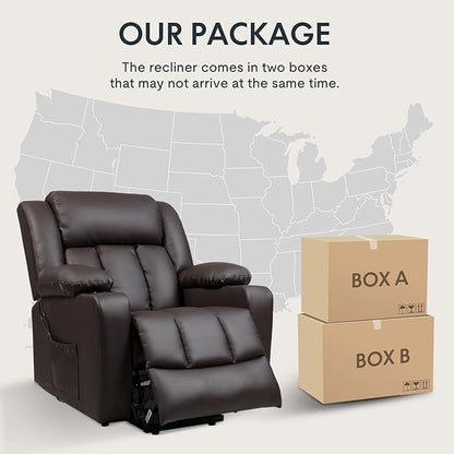 FLEXISPOT XL31 Power Lift Recliner Chair for Elderly, Electric Lift Chair with Massage & Heat, PU Leather Reclining Sofa w/Cup Holders, Side Pockets for Living Room Bedroom(Medium Size,Brown)