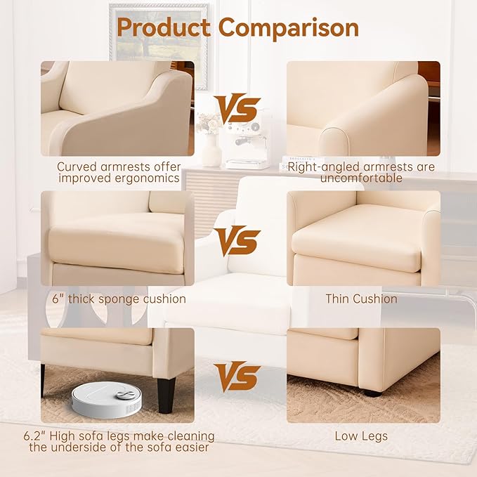 Accent Chair for Living Room, Modern Velvet Living Room Chairs with Wide Backrest, Upholstered Comfy Chair with Cushion, Oversized Sofa Chair with Wood Legs, Single Armchair, Beige
