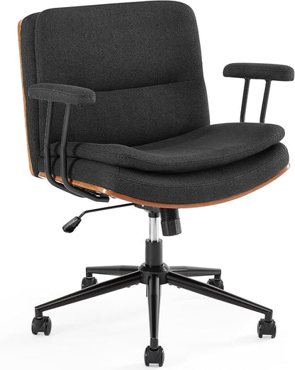 Home Office Desk Chair with Armrests & Wheels, Modern Walnut Swivel Rolling Executive Task Chair, Height Adjustable Ergonomic Computer Chair, Black Fabric