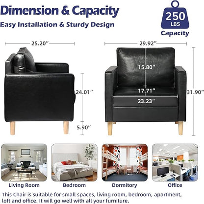 STHOUYN Black Faux Leather Accent Chairs Set of 2 Small Living Room Bedroom Chairs, Comfy Reading Chair Single Sofa for Adults, Suitable Small Spaces Office Couch, Easy Assembly