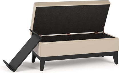 SIMPLIHOME Oregon 42 inch Wide Transitional Rectangle Storage Ottoman Bench with Tray in Satin Cream Vegan Faux Leather, Assembled, For the Living Room, Entryway and Family Room