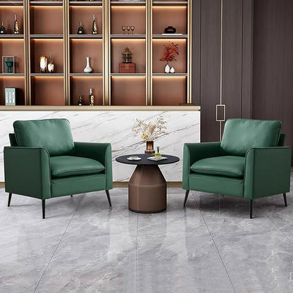 YISHENG Mid-Century Modern Living Room Accent Chairs Set of 2 - Oversized Faux Leather Armchairs with Removable Cushions & Metal Legs, Comfortable Sofas for Office/Lounge/Bedroom/Reception,Green