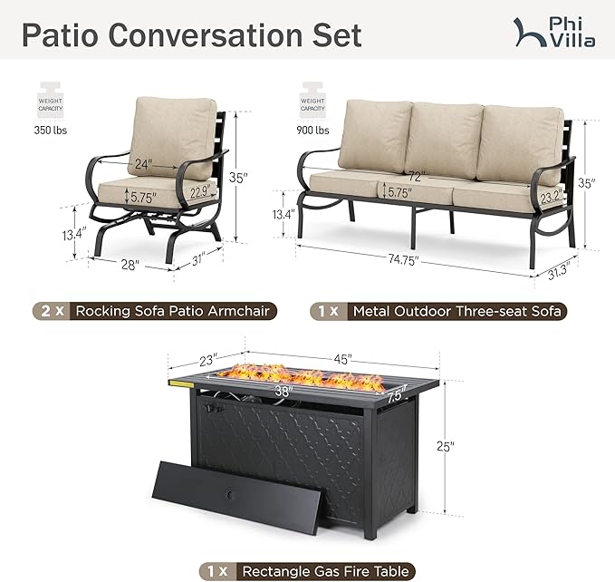PHI VILLA 4 PCS Patio Furniture with FirePit Table, Outdoor Furniture Set with 1 x 45 Inch Metal Fire Table, 1 x 3 Seater Cushioned Deep Seating Bench & 2 x Motion Sofa Chairs