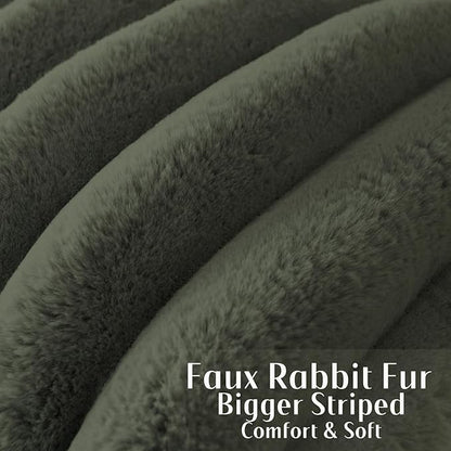 FUTEI Olive Green Decorative Throw Pillow Covers 24x24 Inch Set of 2, Square Soft Faux Rabbit Fur Big Striped Pillow Sham,Home Decor for Couch Sofa Bed Living Room