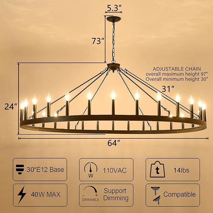 Large black wagon wheel chandelier 64 inch,30-Light Farmhouse wagon Wheel Chandeliers Round Industrial ceiling light fixtures for outdoor porch high ceilings Living Dining Room Foyer Entryway