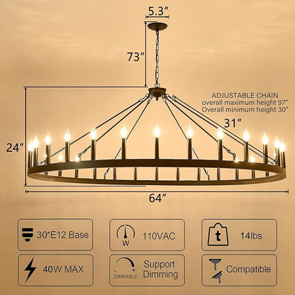 Large black wagon wheel chandelier 64 inch,30-Light Farmhouse wagon Wheel Chandeliers Round Industrial ceiling light fixtures for outdoor porch high ceilings Living Dining Room Foyer Entryway