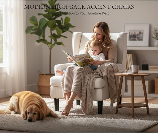 Modern Accent Chair for Living Room Chairs Upholstered Oversized Reading Chair Accent Chairs for Living Room Sofa Chair Armchair with High Back and Wood Legs,Arm Chair Comfy Chair for Bedroom (Beige)