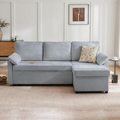 Waxberry Sectional Sofa Couch, Pull Out Couch Sleeper Sofa Bed with Storage for Living Room, Reversible Chaise, Side Pockets & Dual USB/Type-C Ports, Gray