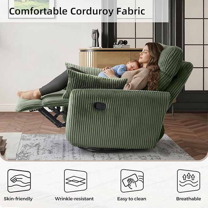 Swivel Recliner Chair for Adults, Corduroy Nursery Glider Rocking Chair, Armchair with 2 Pillows, Comfy High Back Reclining for Small Spaces, Nursery Bedroom Living Room (Corduroy Green, 1 Pack)