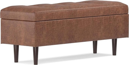 SIMPLIHOME Shay 48 inch Wide Mid Century Modern Rectangular Storage Ottoman in Distressed Saddle Brown Vegan Faux Leather, Assembled, For the Living Room, Entryway and Family Room