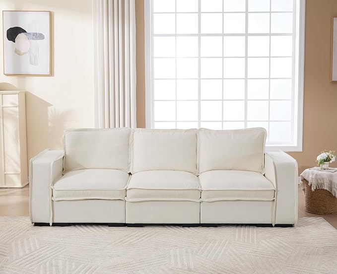 EALSON 93 Inch Modular Sectional Sofa Modern Comfy 3-Seater Couch Sofa Linen Fabric Upholstered Cloud Couches with 24" Deep Seat and Wooden Legs for Bedroom/Living Room/Office, White