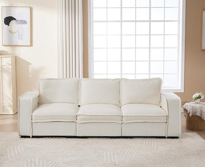 EALSON 93 Inch Modular Sectional Sofa Modern Comfy 3-Seater Couch Sofa Linen Fabric Upholstered Cloud Couches with 24" Deep Seat and Wooden Legs for Bedroom/Living Room/Office, White
