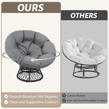 46" Giant Oversized Rattan Papasan Chair with Cushion and Frame for Adults, Fluid 360° Swivel, Waterproof, Black Frame with Dark Grey Cushion