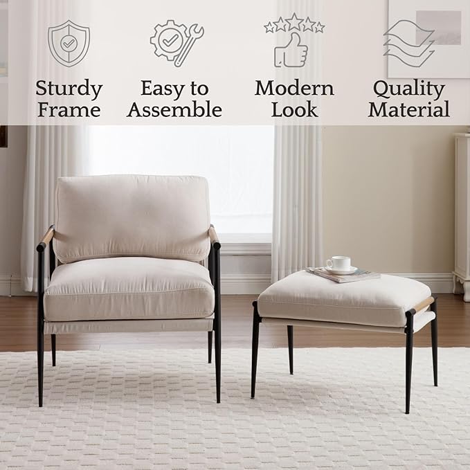 LukeAlon Mid-Century Chenille Accent Chair with Ottoman, Soft Living Room Chair with Metal Legs Modern Upholstered Armchair Reading Nook Chair Lounge Leisure Chair with Footstool for Bedroom, Beige