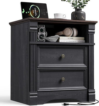 Yaamizz Farmhouse Nightstands with Charging Station, Table with Drawer and Storage Shelf, Wood Pilasters and Metal Handles, Vintage Design, Organizer for Bedroom, Hallway, Black
