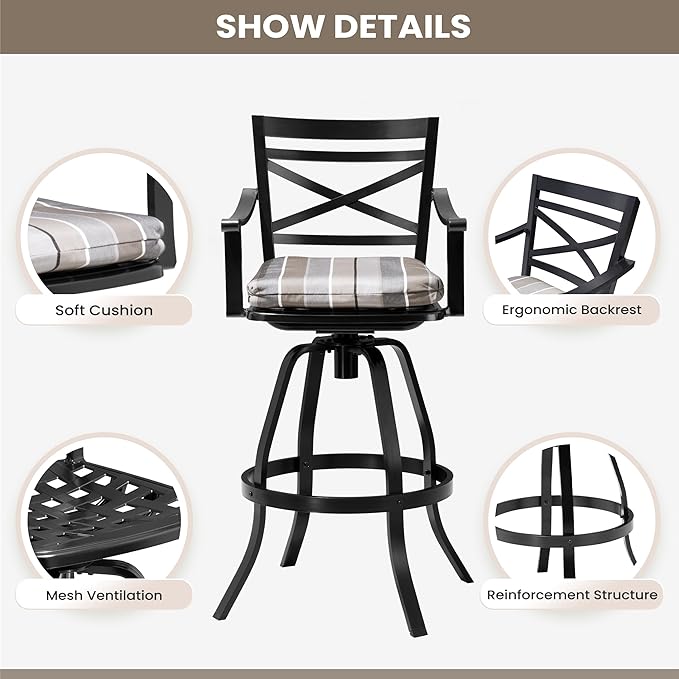 Pellebant 30" Sunbrella Outdoor Bar Stools Set of 8, Aluminum Swivel Patio Bar Height Bar Stools with Back & Footrest, for Deck Lawn Garden(Milano Char)