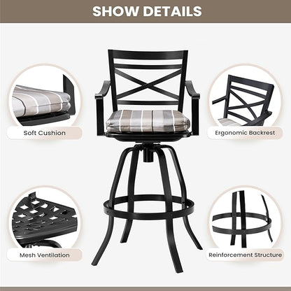 Pellebant 30" Sunbrella Outdoor Bar Stools Set of 8, Aluminum Swivel Patio Bar Height Bar Stools with Back & Footrest, for Deck Lawn Garden(Milano Char)