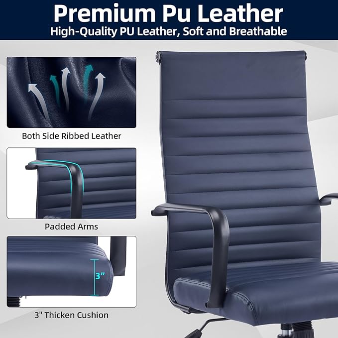 Office Chair, Ergonomic Executive Conference Room Chairs, Ribbed Leather Desk Chair with Lumbar Support, Adjustable Height Mid-Back Swivel Chair with Padded Seat