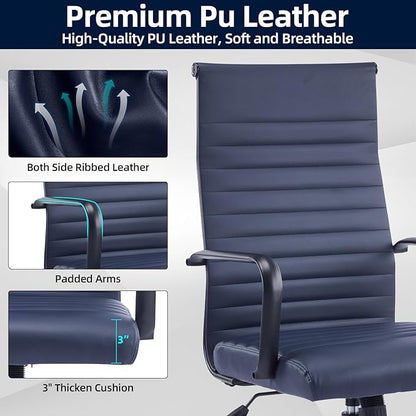 Office Chair, Ergonomic Executive Conference Room Chairs, Ribbed Leather Desk Chair with Lumbar Support, Adjustable Height Mid-Back Swivel Chair with Padded Seat
