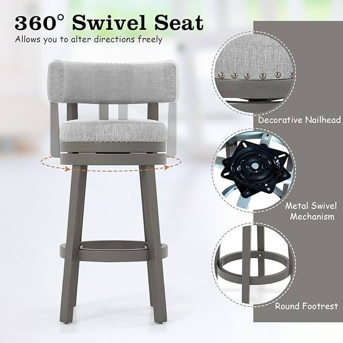 COSTWAY Bar Stool Set of 2, 27-inch 360° Swivel Barstool with Upholstered Back & Seat, Solid Rubber Wood Legs & Footrest, Farmhouse Counter Height Chair for Home, Bar, Cafe, Grey (2, Seat height 27‘’)