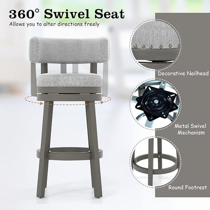 COSTWAY Bar Stool Set of 2, 27-inch 360° Swivel Barstool with Upholstered Back & Seat, Solid Rubber Wood Legs & Footrest, Farmhouse Counter Height Chair for Home, Bar, Cafe, Grey (2, Seat height 27‘’)