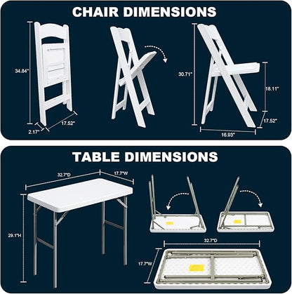 Folding Table Rectangular All-Occasion Plastic Folding Event Table for Indoor and Outdoor, Portable Desk, Camping, Durable and Stable, HDPE and Steel (White, 2.7ft + 1 Chair)