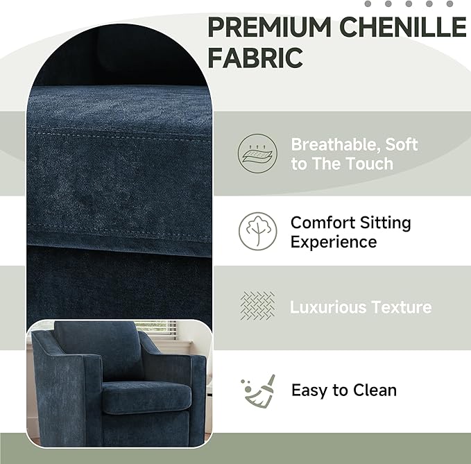 UIXE Swivel Accent Chair, Chenille Upholstered Arm Chair for Living Room, Modern Club Armchair Comfy Single Sofa Bedroom Reading Seat with Lumbar Pillow - Navy Blue