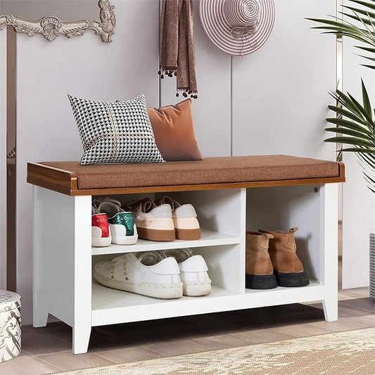 MFSTUDIO Shoe Storage Bench, White Shoe Entryway Bench with Seating Padded Cushion, Freestanding Shoe Rack Organizer for Entryway Hallway Living Room Bedroom, Brown Cushion