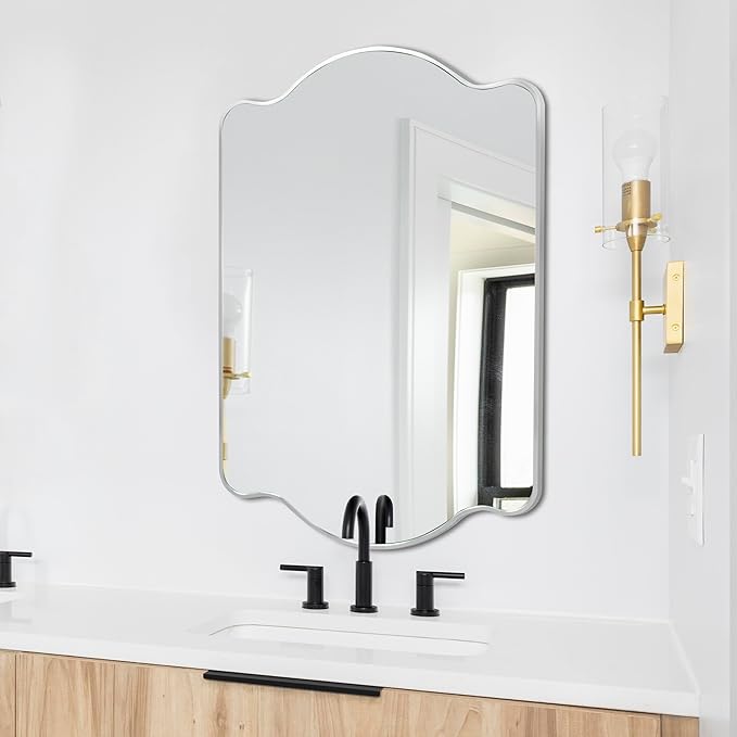 JONATHAN Y MIR205B Louisa 24 in. W x 36 in. H Medium Scalloped Rectangular Metal Framed Wall Mirror, for Bathroom, Living Room, Bedroom, Nickel