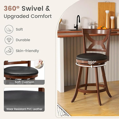 COSTWAY Bar Stools Set of 2, 24'' 360-Degree Swivel Chairs with Soft Cushion & Elegant Hollow Backrest, Rubber Wood Footrests, Upholstered Swivel Counter Stools for Kitchen Island, Pub, Café (2, 24‘’)