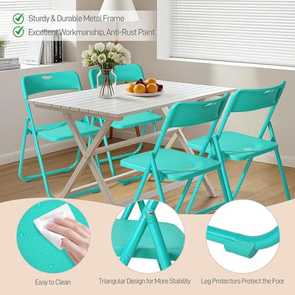 Karl home 4 Pcs Folding Chair, 300LBS Lightweight Foldable Plastic Chair, Reinforced Metal Frame Easy to Fold & Store for Indoor & Outdoor, Wedding, Party, Meeting Room, Patio and Garden, Mint Green