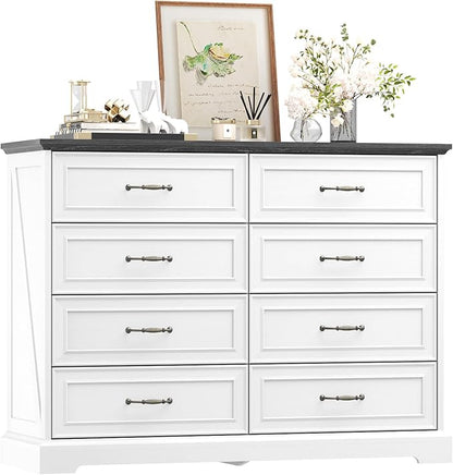8 Drawer Dresser for Bedroom, 47" Wide Wooden Chest of Drawers, Rustic Farmhouse Dresser with Large Drawers & Metal Handles, Modern Storage Organizer for Closet, Living Room, Hallway, White