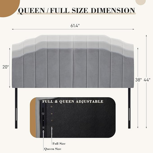 Upholstered Headboard Adjustable Height Queen/King Headboard Cream Velvet Tufted Modern Vertical Channel Design with Stepped Silhouette Top Edge(Grey Queen)