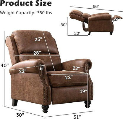 Push Back Recliner Chair Faux Leather Lounge Armchair with Rivet Decoration Wingback Single Sofa Chair with Padded Seat Solid Wood Legs for Living Room, Comfy Upholstered Set of 2, Chocolate