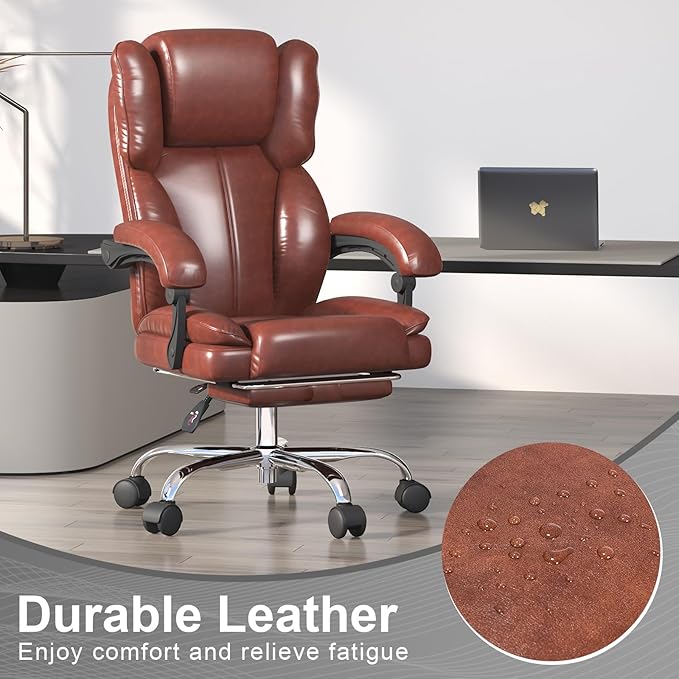 Big and Tall Office Chair, Executive Home Office Desk Chair, Leather Computer Chair with Retractable Footrest, Adjustable Headrest and Reclining Height, Padded Arms, 360°Swivel Free, Wide Seat, Brown