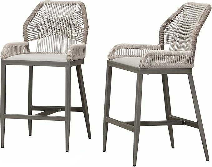 PURPLE LEAF 2 Pieces Counter Height Bar Stools Patio Boho Rattan Barstools Aluminum Woven Bar Chairs with Cushions for Outdoor Kitchen Island Garden
