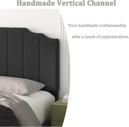 Queen Size Headboard Only, Linen Wall Mounted Headboard Queen/Full Size for Adjustable Bed, Modern Vertical Channel Design with Curved Tufted Upholstered Head Board, Dark Gray