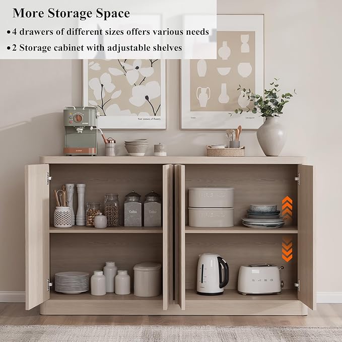 Fluted Buffet Cabinet with Storage, 60"Sideboard Buffet Cabinet with 4 Door-Modern Credenza Storage Cabinets with Adjustable Shelves, Solid Wood Handles for Kitchen Living Room, White Alder(1PC)