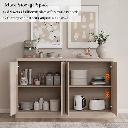 Fluted Buffet Cabinet with Storage, 60"Sideboard Buffet Cabinet with 4 Door-Modern Credenza Storage Cabinets with Adjustable Shelves, Solid Wood Handles for Kitchen Living Room, White Alder(1PC)