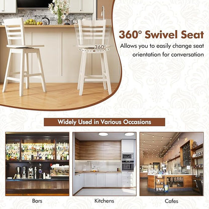 COSTWAY Bar Stools Set of 2, 24.5 Inch Swivel Counter Height Bar Chairs with Hollow Backrest & Contoured Seat, with Footrest for Kitchen Island, Pub, Bistro, Cafe (2, Cream)