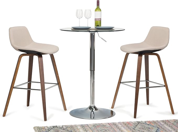 SIMPLIHOME Randolph Counter Stools (Set of 2) - 28 Inch Seat Height Upholstered Bentwood Kitchen Seats in Natural Linen Look Fabric, Mid Century Modern Seating with Curved Backrest and Chrome Footrest