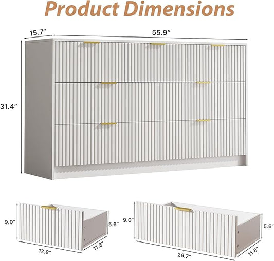 White 7 Drawer Dresser for Bedroom, Modern Fluted Dresser with Gold Metal Handles, Wide Chest of Drawers for Bedroom,Living Room, Entryway, Hallway, 55.9" L x 15.7" D x 31.4" H