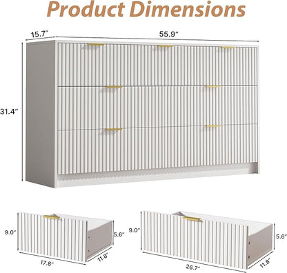 3-Piece Dresser Bedroom Set, 7 Drawer Dresser & 3 Drawer Nightstands with Gold Handles, Fluted Wood Chest of Drawers for Bedroom, Living Room, Entryway, White