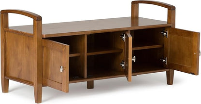 SIMPLIHOME Warm Shaker Entryway Storage Bench - 44 inch Wide Solid Wood Storage Seat in Light Golden Brown, Transitional Bench Seat for Mudroom or Living Room with Lift-Up Lid and Shaker-Style Panels