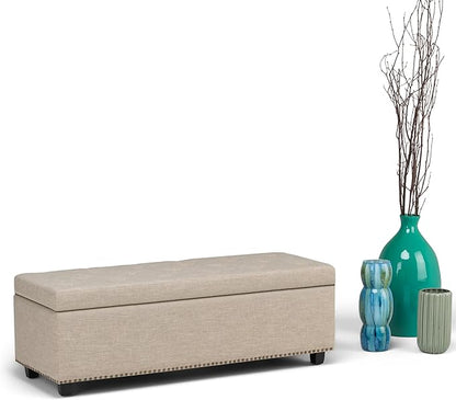 SIMPLIHOME Hamilton 48 inch Wide Transitional Rectangle Storage Ottoman in Natural Linen Look Fabric, Assembled, For the Living Room, Entryway and Family Room